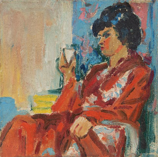 Johan Dijkstra | Modische Dame im Stuhl, Wachsfarbe auf Leinwand, 25,2 x 25,2 cm, eind jaren '20