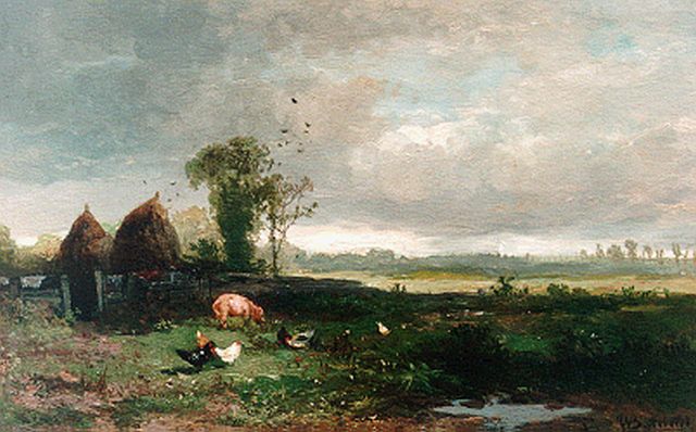 Johannes Warnardus Bilders | A pig and poultry in a meadow, Öl auf Tafel, 21,7 x 35,0 cm, signed l.r.