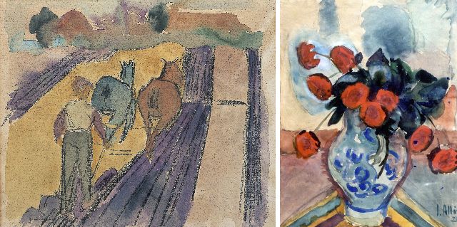 Jan Altink | A ploughing farmer (recto); Flower still life (verso), Aquarell auf Papier, 43,3 x 54,2 cm, Unterzeichnet verso und Verso datiert '24