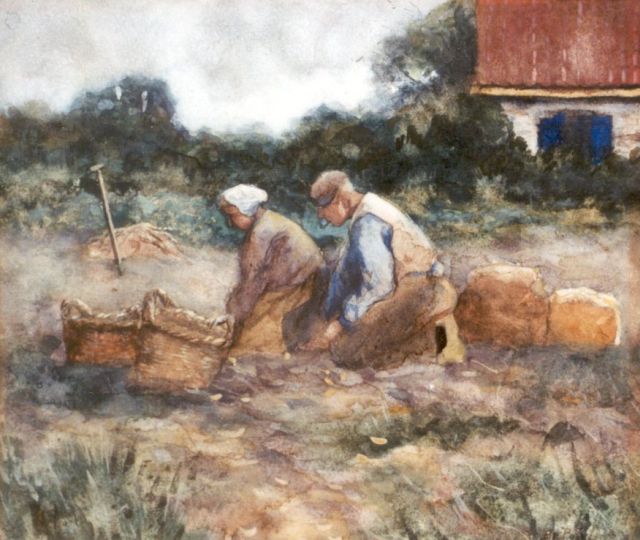 Polvliet B.J.A.  | Digging up potatoes, Aquarell auf Papier 25,5 x 29,0 cm, signed l.r.