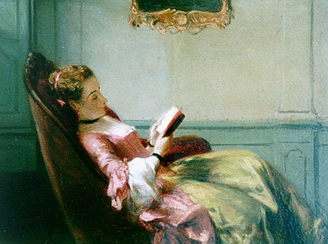 Bles D.J.  | An elegant lady reading, Öl auf Holz 12,5 x 16,5 cm, signed l.l.
