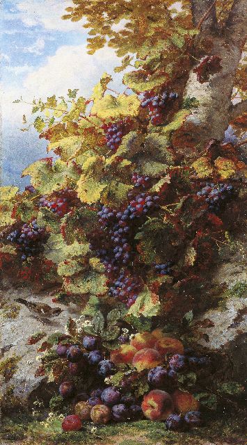 Jean-Baptiste Robie | A still life of grapes, peaches, prunes and a sparrow, Öl auf Holz, 135,0 x 75,0 cm, signed l.r.