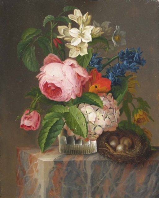 Berré (toegeschreven aan) J.B.  | Blumenstilleben und Nestlein mit Eiern auf einer Marmorplinthe, Öl auf Holz 34,0 x 27,2 cm
