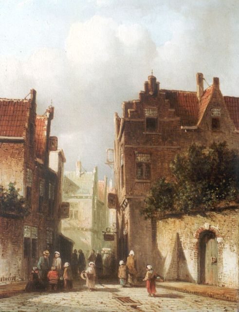 Petrus Gerardus Vertin | A Dutch town with figures in a street, Öl auf Holz, 21,0 x 16,3 cm, signed l.l. und dated '58