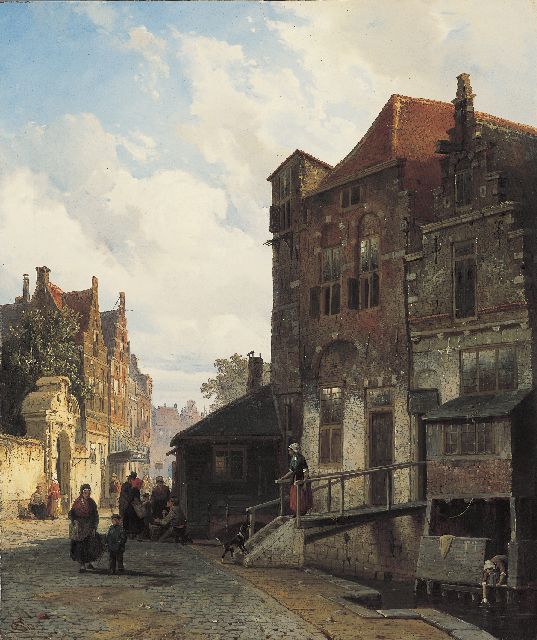 Cornelis Springer | Daily activities in a Dutch town, Öl auf Holz, 41,1 x 34,5 cm, signed l.l. with monogram und dated '51
