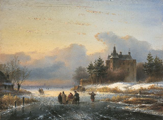 Lodewijk Johannes Kleijn | Winter landscape with skaters on the ice by a 'koek en zopie', Öl auf Holz, 35,0 x 47,0 cm