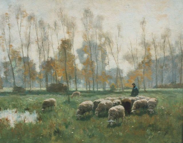 Willem Steelink jr. | A shepherd and flock in a meadow, Öl auf Leinwand, 39,0 x 50,0 cm, signed l.r.