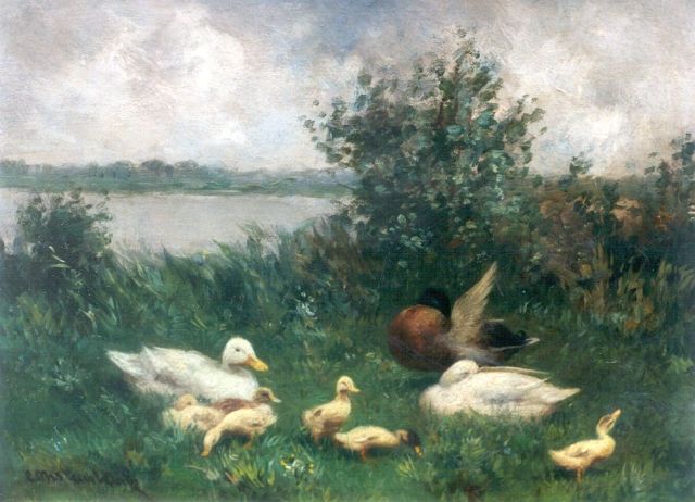 Constant Artz | Ducks with ducklings on the riverbank, Öl auf Holz, 18,0 x 24,1 cm, signed signed l.l.