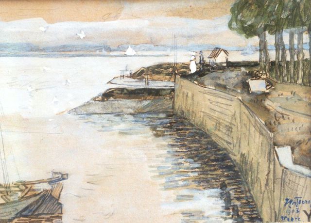 Jan Toorop | The quay of Veere, Kreide und Aquarell auf Papier, 10,5 x 14,5 cm, signed l.r. und dated Veere 1903