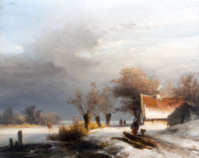 John Franciscus Hoppenbrouwers | A skater on a frozen waterway, Öl auf Holz, 16,0 x 19,5 cm, signed l.r. with monogram