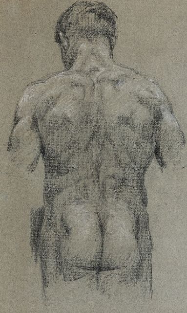 Albert Roelofs | Studie vom männlichen Rückenakt, Schwarze und weisse Kreide Kreide auf Papier, 34,2 x 17,2 cm