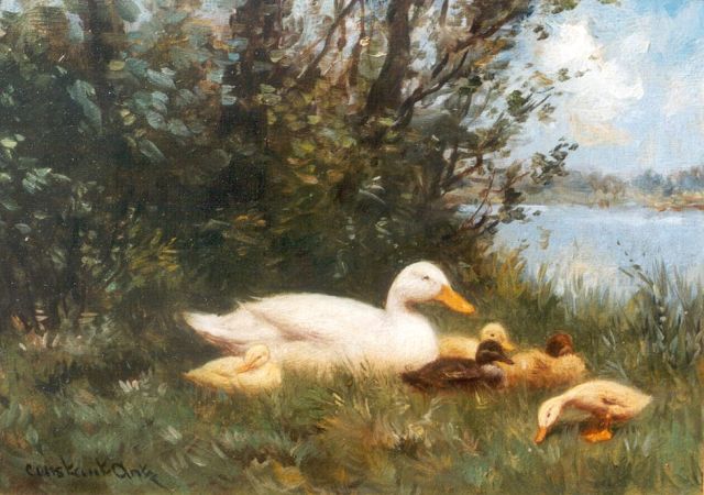 Constant Artz | Ducks on the riverbank, Öl auf Holz, 12,8 x 17,9 cm, signed l.l.