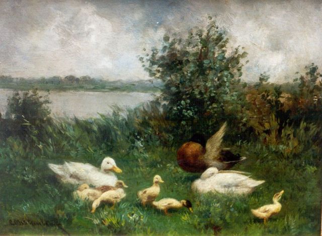 Constant Artz | Duck with ducklings on the riverbank, Öl auf Holz, 30,0 x 40,0 cm, signed signed l.l.