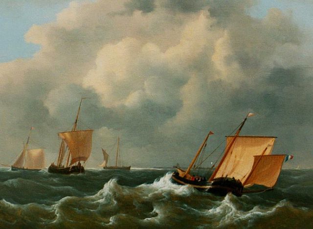 Frans Jacobus van den Blijk | Shipping on choppy waters, Öl auf Holz, 27,4 x 36,8 cm