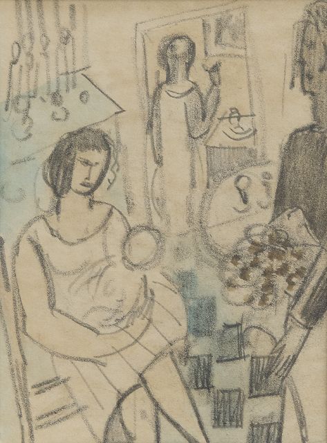 Otto van Rees | Innenraum mit Figuren, Bleistift, Kreide und Aquarell auf Papier, 15,0 x 11,0 cm, zu datieren um 1926