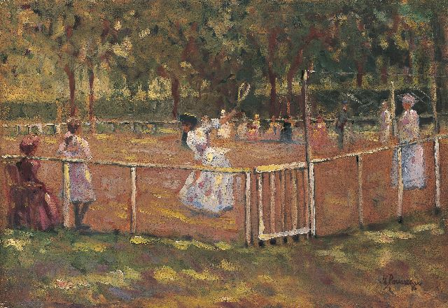 Rousseau M.  | Playing tennis (after composition of John Lavery), Öl auf Holz 38,0 x 55,0 cm, signed l.r. und dated '16