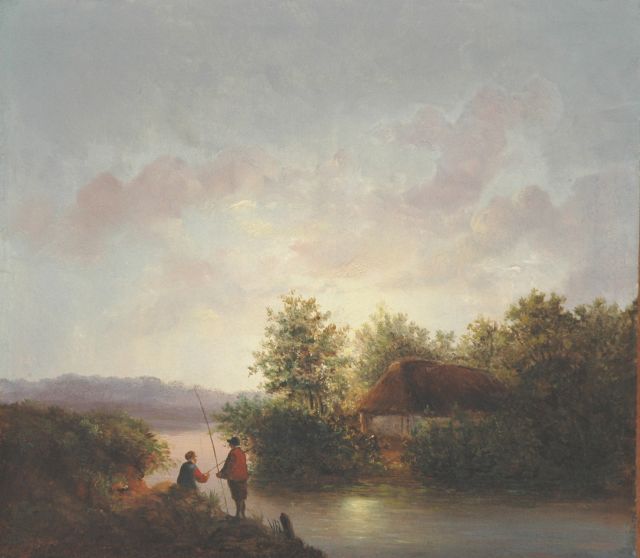 J.G. Hans | Anglers in a river landscape by sunset, Öl auf Holz, 27,1 x 31,1 cm, signed l.l. und dated '47