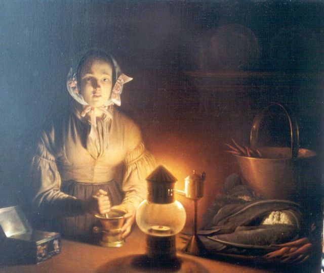 Petrus van Schendel | A young woman by candlelight, Öl auf Holz, 27,2 x 31,4 cm, signed c.r.