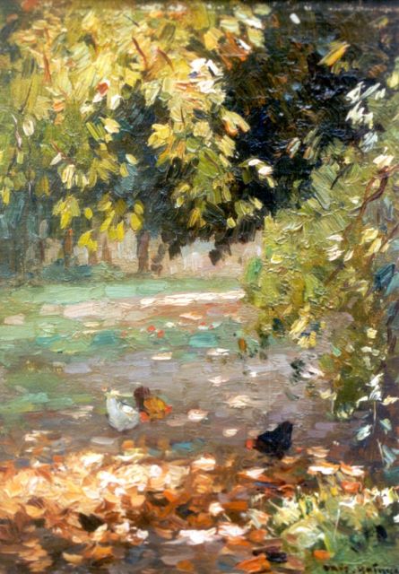 Knikker A.  | Chickens in a forest lanscape, Öl auf Leinwand Malereifaser 23,9 x 18,0 cm, signed l.r.