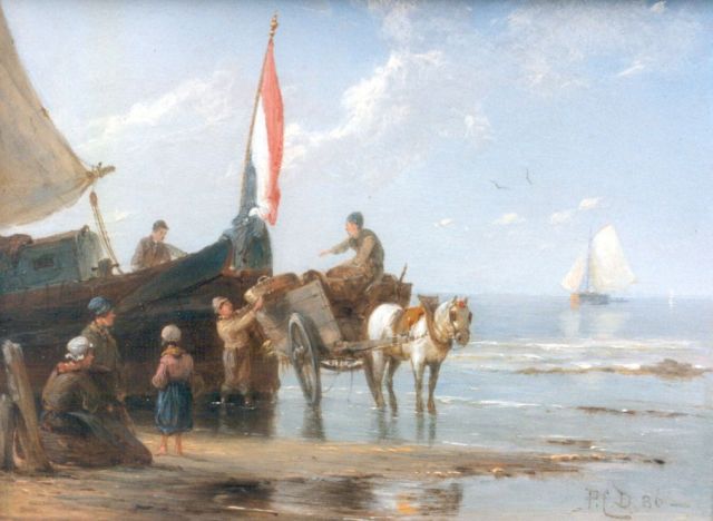 Pieter Cornelis  Dommershuijzen | Unloading the catch, Öl auf Holz, 14,9 x 20,2 cm, signed with monogram und dated '86