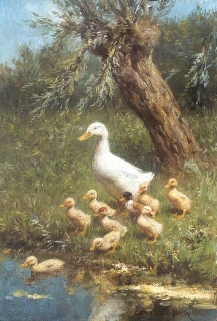 Constant Artz | Ducks with ducklings watering, Öl auf Holz, 23,9 x 17,9 cm, signed l.r. and on a label on the reverse