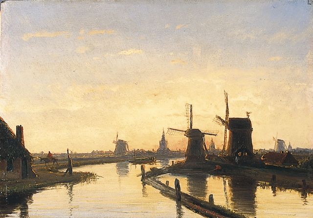 Nicolaas Roosenboom | Windmills along a waterway near Overschie, Öl auf Holz, 21,5 x 30,8 cm, signed c.r.