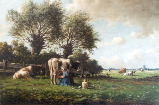 Adriaan Marinus Geijp | Milk-maid at work, Öl auf Leinwand, 36,5 x 54,7 cm, signed l.r.