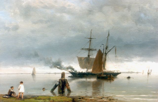 Hermanus Koekkoek | Shipping in a calm, Öl auf Tafel, 17,1 x 25,7 cm, signed l.l.