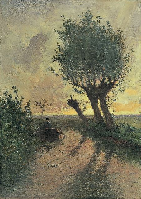 Constan Gabriel | A fisherman in a polder landscape, Öl auf Leinwand, 55,0 x 39,0 cm, signed l.l.