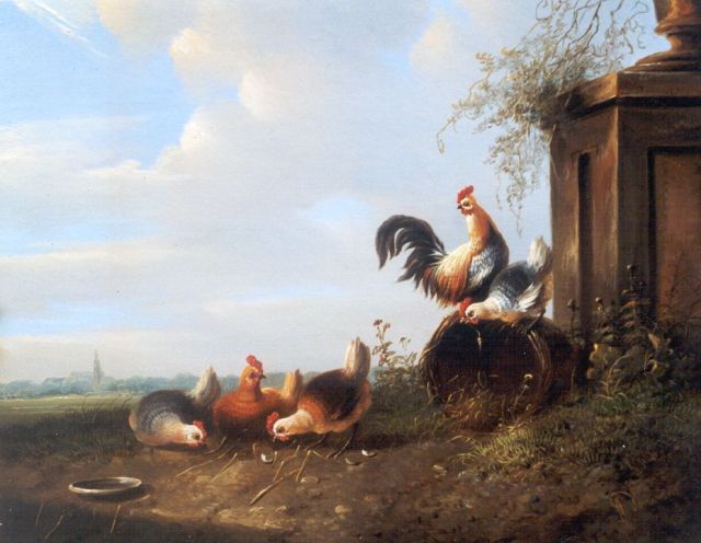 Albertus Verhoesen | Chickens and a rooster in a landscape, Öl auf Holz, 19,6 x 23,9 cm, signed l.r.