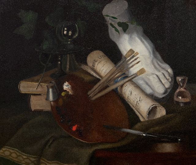 Johanna Margaretha van de Kasteele | Stilleben mit Palette, Öl auf Holz, 45,0 x 53,0 cm, Unterzeichnet l.u. mit Initialen