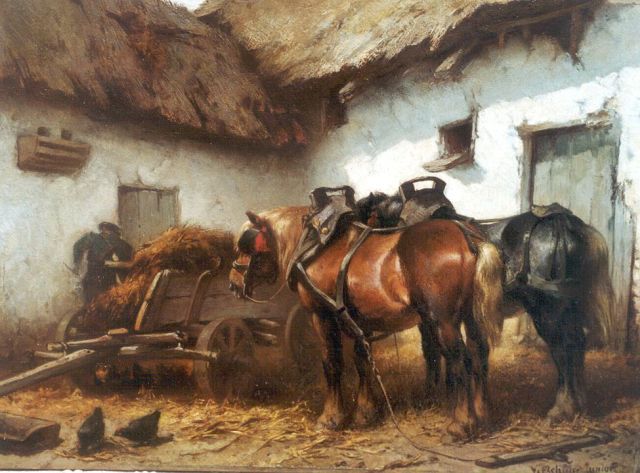 Wouter Verschuur jr. | A farmer and horses on a yard, Öl auf Holz, 24,5 x 33,4 cm, signed l.r.