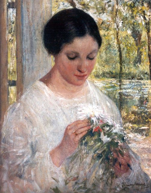 Simon Maris | A young woman with a bouquet, Öl auf Holz, 30,8 x 24,1 cm, signed l.r.