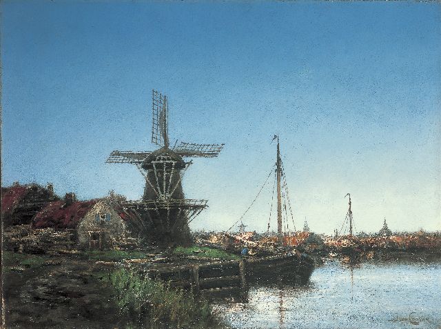 Koekkoek jr. H.  | Hafenblick mit Mühle, Öl auf Leinwand 45,8 x 61,1 cm, Unterzeichnet r.u. mit Pseudonym 'J. van Couver'