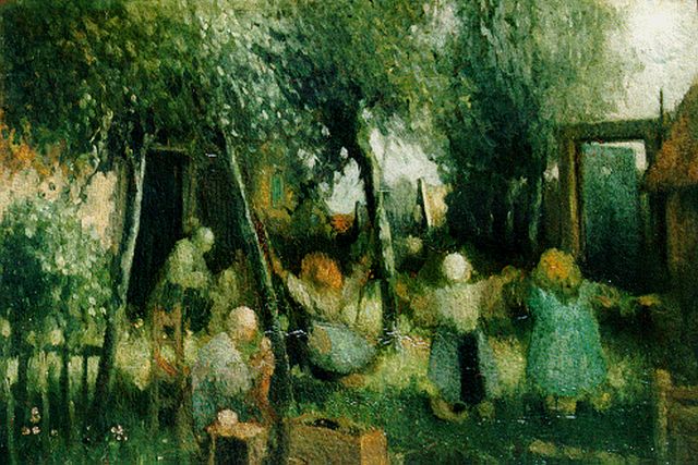 Henri van Daalhoff | Children playing in the garden, Öl auf Holz, 27,0 x 35,5 cm, signed l.r.