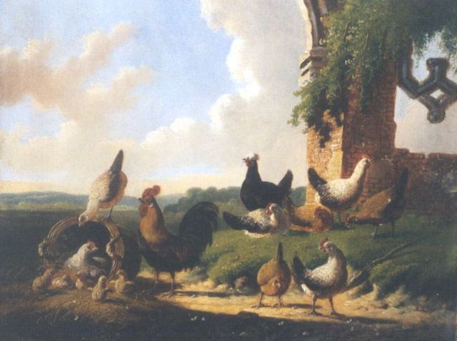 Albertus Verhoesen | Poultry in a classical landscape, Öl auf Holz, 18,2 x 23,7 cm, signed c.l. und dated 1874