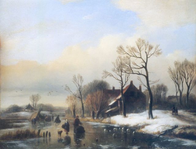 Willem Vester | A frozen river with skaters and a 'koek-en-zopie', Öl auf Holz, 25,5 x 32,2 cm, signed l.l.