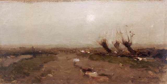 Aris Knikker | Willows in a polder landscape, Öl auf Leinwand Malereifaser, 18,4 x 34,7 cm, signed l.r.