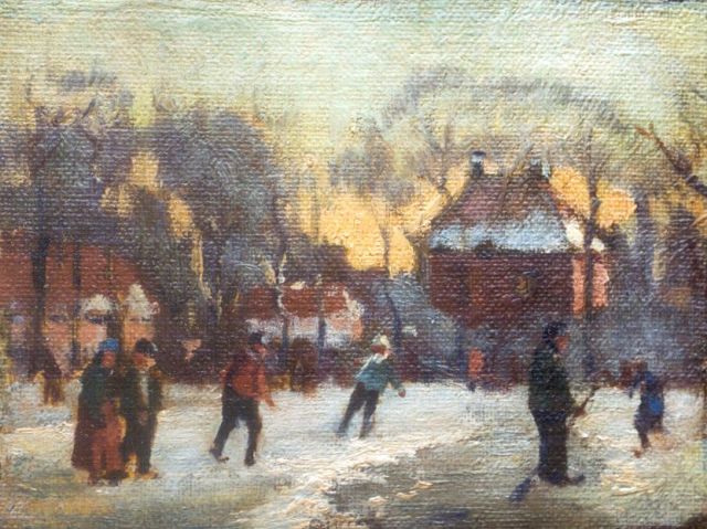 Willem Klijn | Skaters on the ice, Öl auf Leinwand auf Holz, 11,0 x 14,2 cm