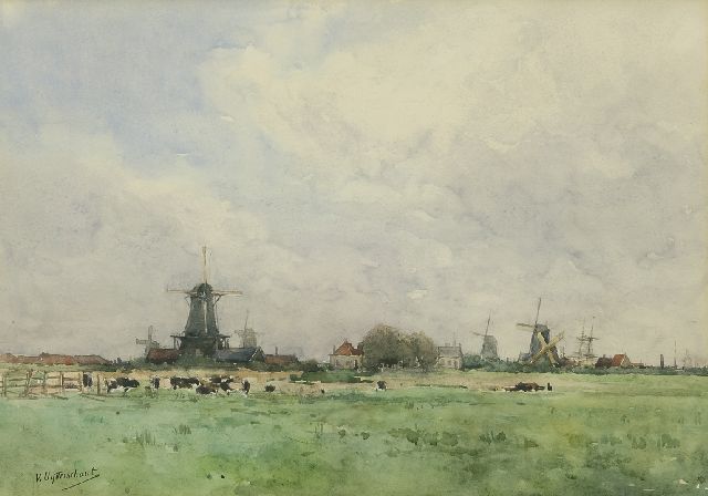 Uytterschaut V.  | Mühlen in einer holländischen Landschaft, Bleistift und Aquarell auf Papier 32,0 x 47,0 cm, Unterzeichnet l.u.