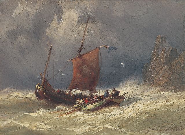 Jan H.B. Koekkoek | Shipping in stormy waters, Öl auf Holz, 11,8 x 16,1 cm, signed l.r.