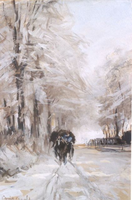 Louis Apol | A horse-drawn cart in winter, Gouache auf Papier, 16,9 x 11,2 cm, signed l.l.