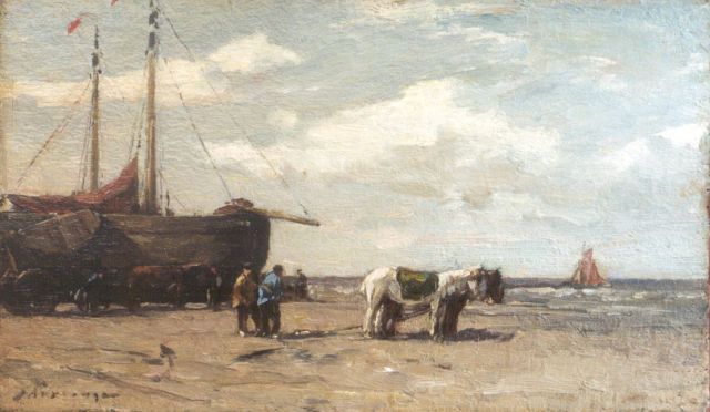 Johannes Evert Akkeringa | 'Bomschuiten' and figures on the beach, Öl auf Tafel, 14,3 x 24,3 cm, signed l.l.