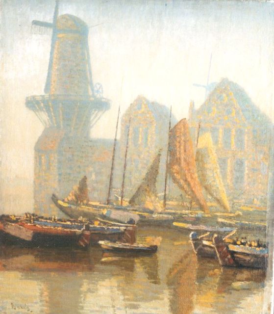 Bakels R.S.  | Fishing-boats by a windmill, Delfshaven, Öl auf Leinwand 64,0 x 55,1 cm, signed l.l.