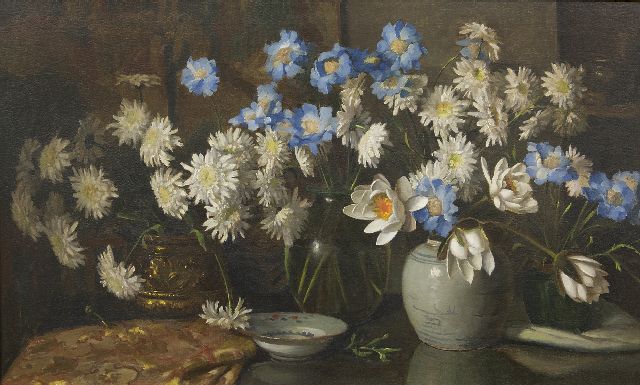 Willy Fleur | Blumenstilleben mit Margeriten, Scabiosen und Wasserrosen, Öl auf Leinwand, 60,6 x 100,6 cm, Unterzeichnet r.o.