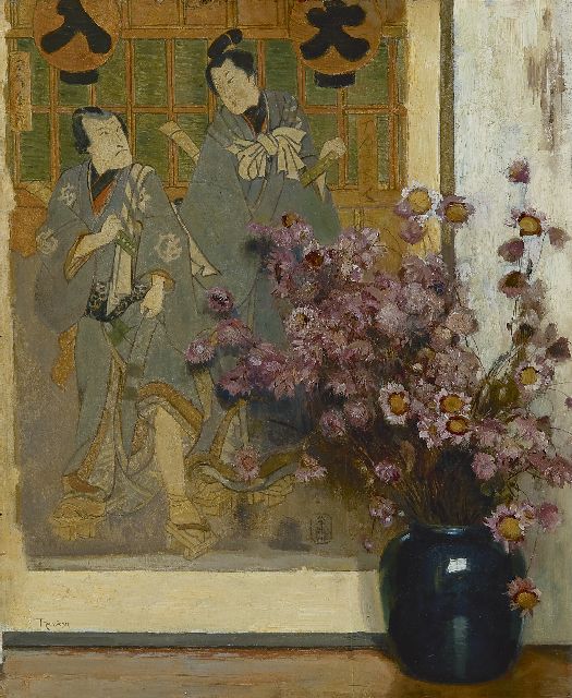 Louis Albert Roessingh | A vase with dried flowers in front of a Japanese print, Öl auf Holz, 42,2 x 34,3 cm, signed l.l.