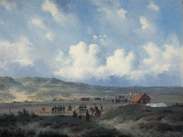 Carl Eduard Ahrendts | Infantry at the shooting-range in the dunes near Waalsdorp, Öl auf Holz, 33,0 x 43,7 cm, gesigneerd r.o. und te dateren na 1840