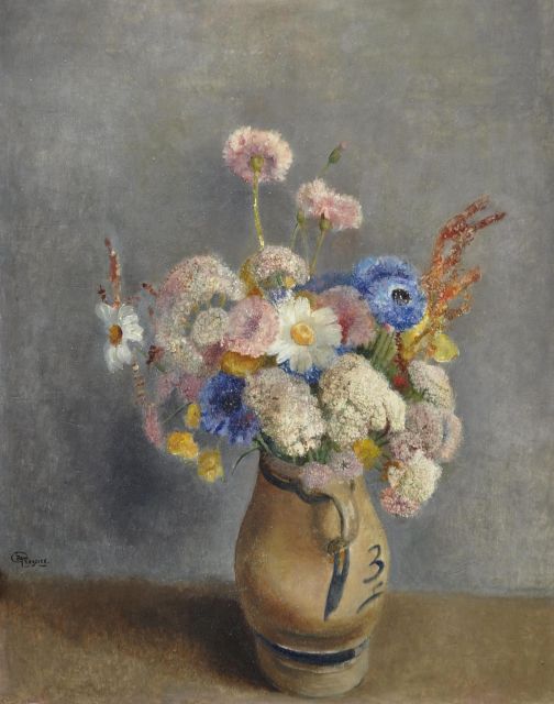 Jan Grégoire | Blumen in einem Steinkrug, Öl auf Masonit, 50,0 x 40,0 cm, Unterzeichnet l.u. und ohne Rahmen