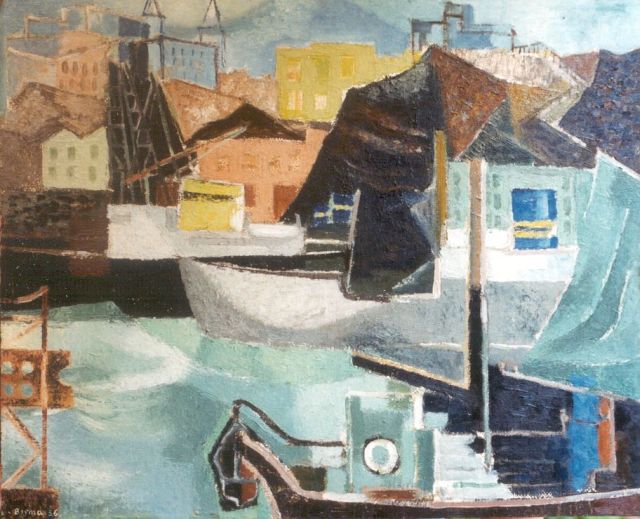 Wim Bosma | Composition Harbour Göteborg, Öl auf Holzfaser, 49,5 x 60,9 cm, signed l.l. und dated '56