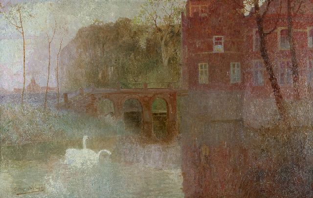 Gustave de Smet | Swans in a castle-moat, Brugge, Öl auf Leinwand, 86,9 x 138,7 cm, signed l.l. und painted circa 1900